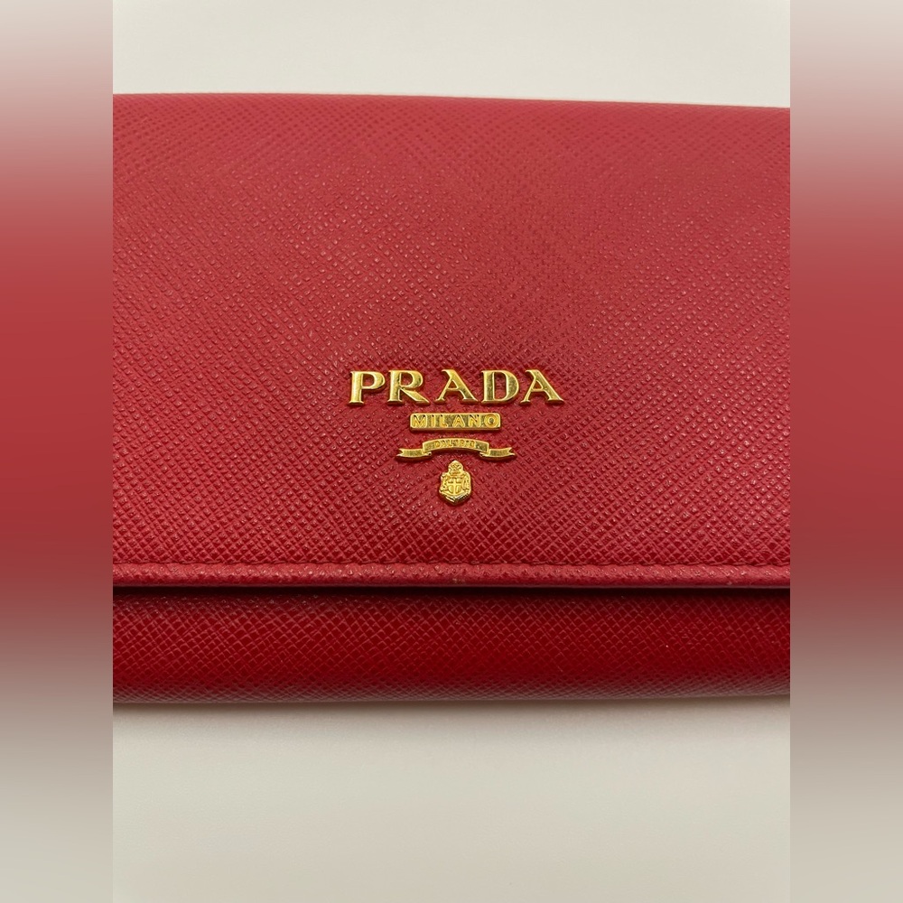 Prada - Saffiano Leather | Double Snap Long Wallet - Red | Gold Hardware - $1020 - Picture 3 of 16
